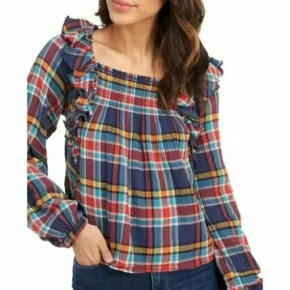 We the FREE Womens Navy Plaid Long Sleeve
Square Neck Top Ruffle Sz XS. - Picture 1 of 8